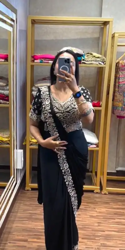 Stylist Black Chinon Bead Embroidery Work Saree