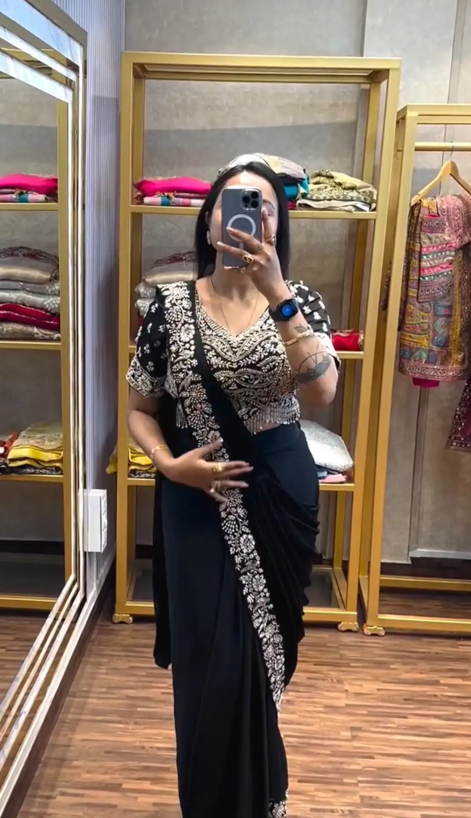 Stylist Black Chinon Bead Embroidery Work Saree