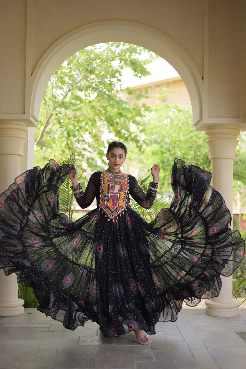 Stylist Black Faux Georgette Bandhani Print Work Gown