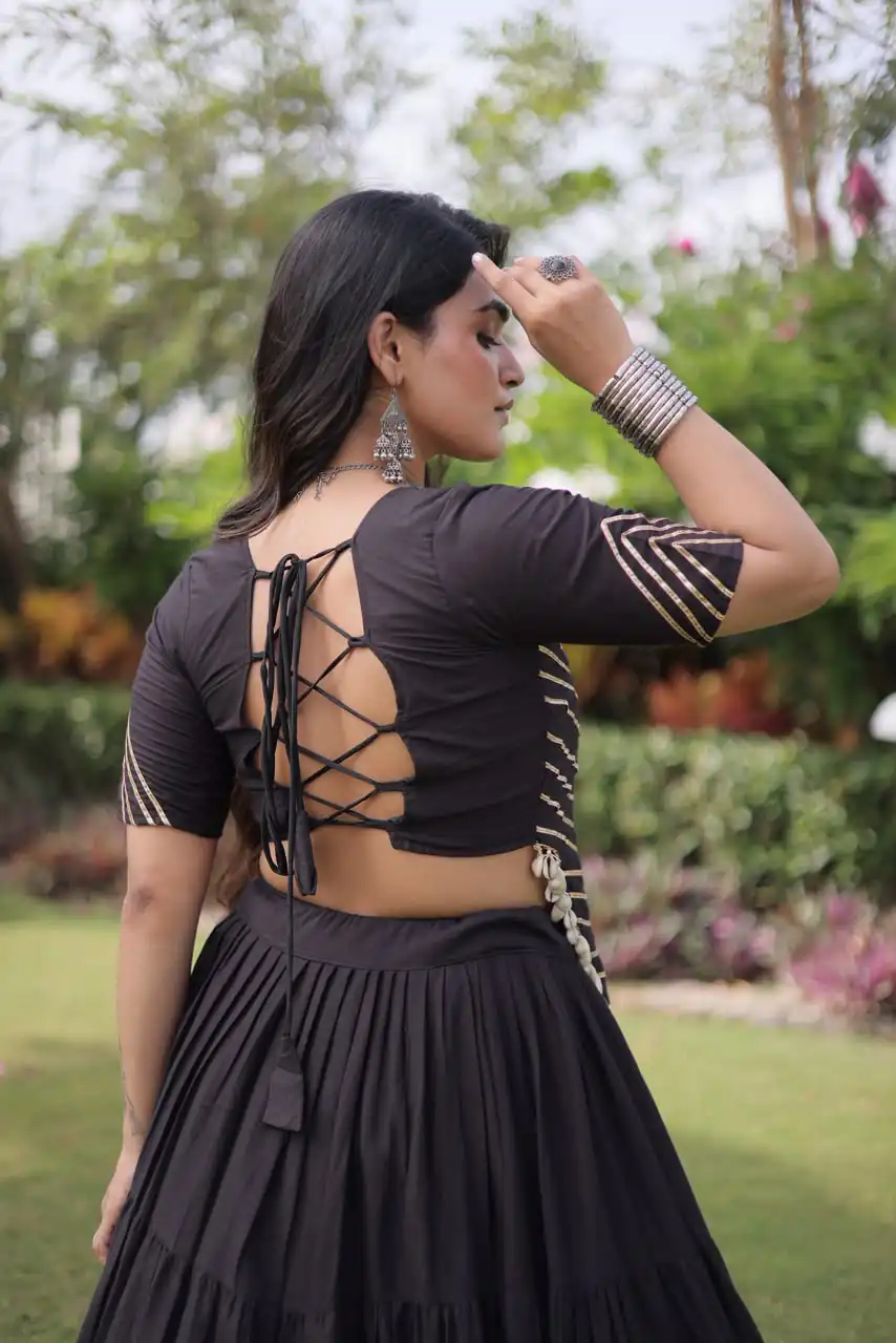 Stylist Black Kora Cotton Kutchi Patch Work Lehenga Choli - Image 4