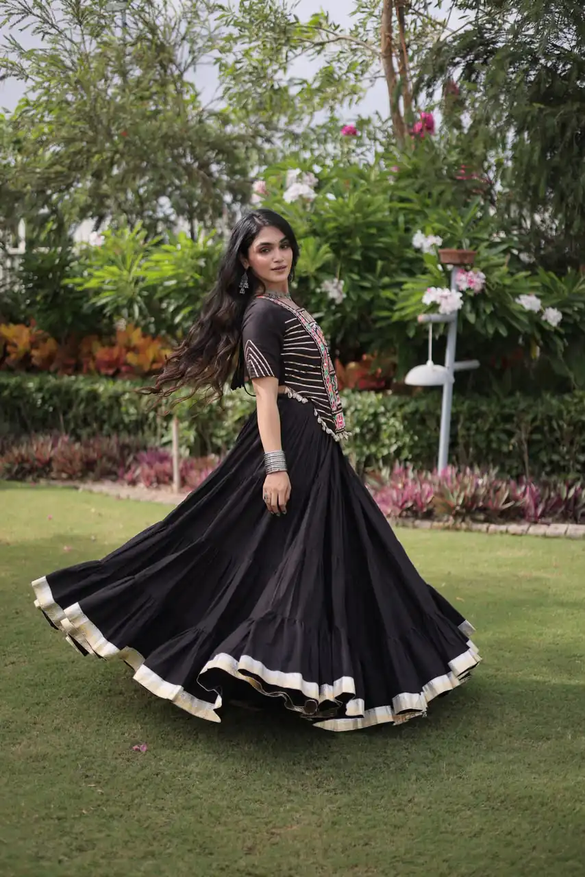 Stylist Black Kora Cotton Kutchi Patch Work Lehenga Choli - Image 3