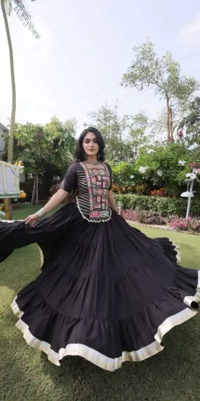 Stylist Black Kora Cotton Kutchi Patch Work Lehenga Choli