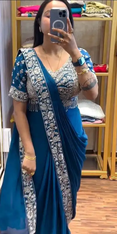 Alternative view of Stylist Blue Chinon Bead Embroidery Work Saree