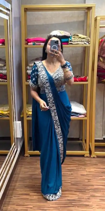 Stylist Blue Chinon Bead Embroidery Work Saree