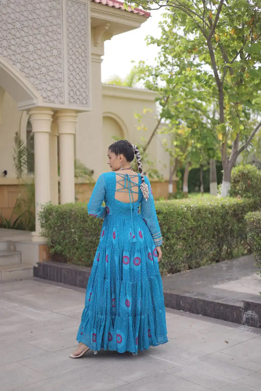 Stylist Blue Faux Georgette Bandhani Print Work Gown - Image 4