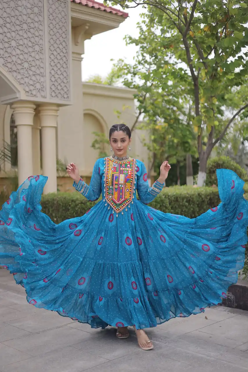 Stylist Blue Faux Georgette Bandhani Print Work Gown