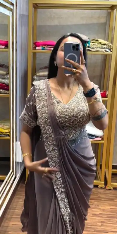 Stylist Dusty Rose Chinon Bead Embroidery Work Saree