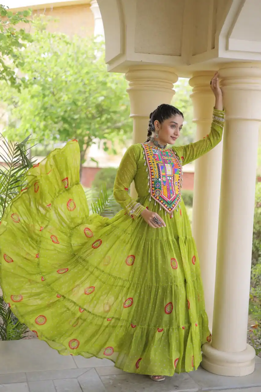 Stylist Green Faux Georgette Bandhani Print Work Gown - Image 4