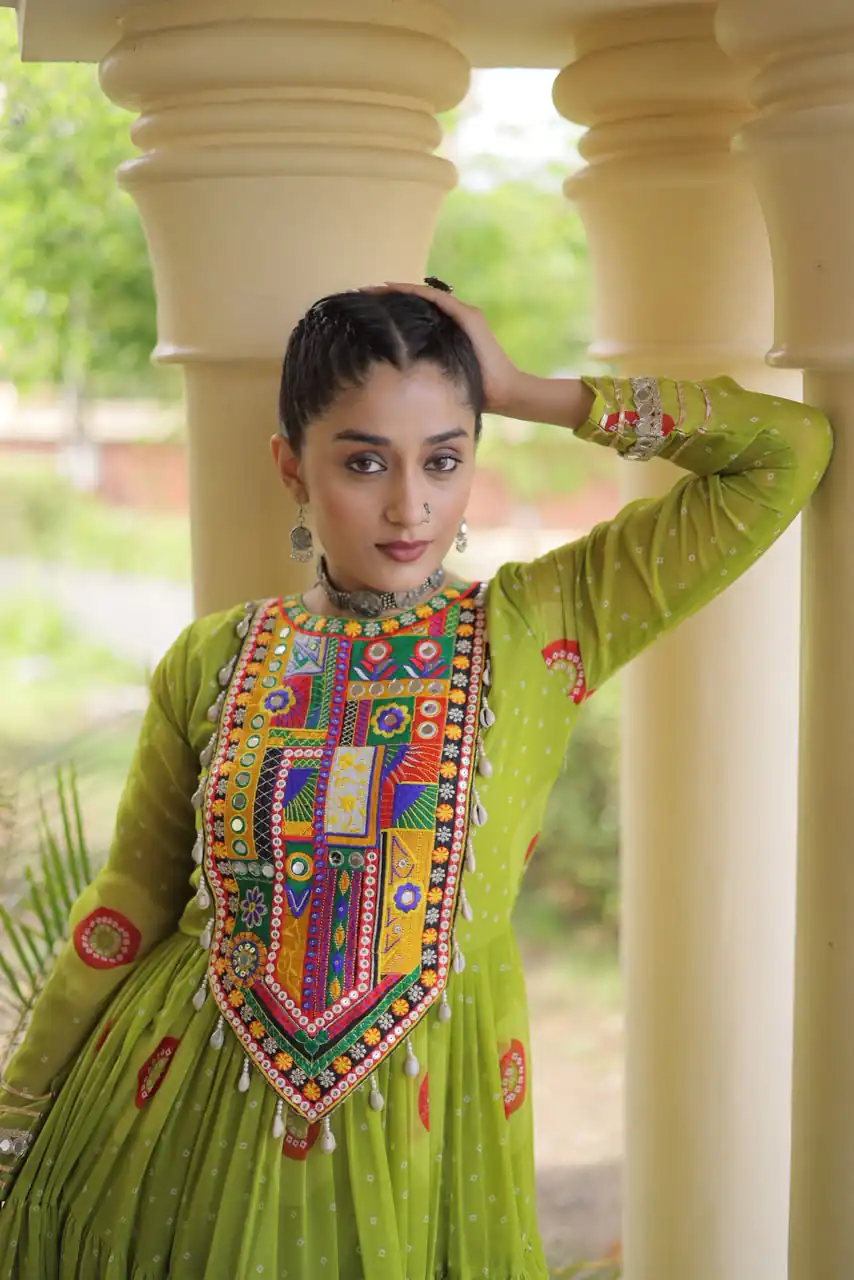 Stylist Green Faux Georgette Bandhani Print Work Gown - Image 2