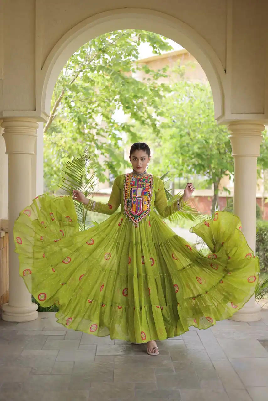 Stylist Green Faux Georgette Bandhani Print Work Gown