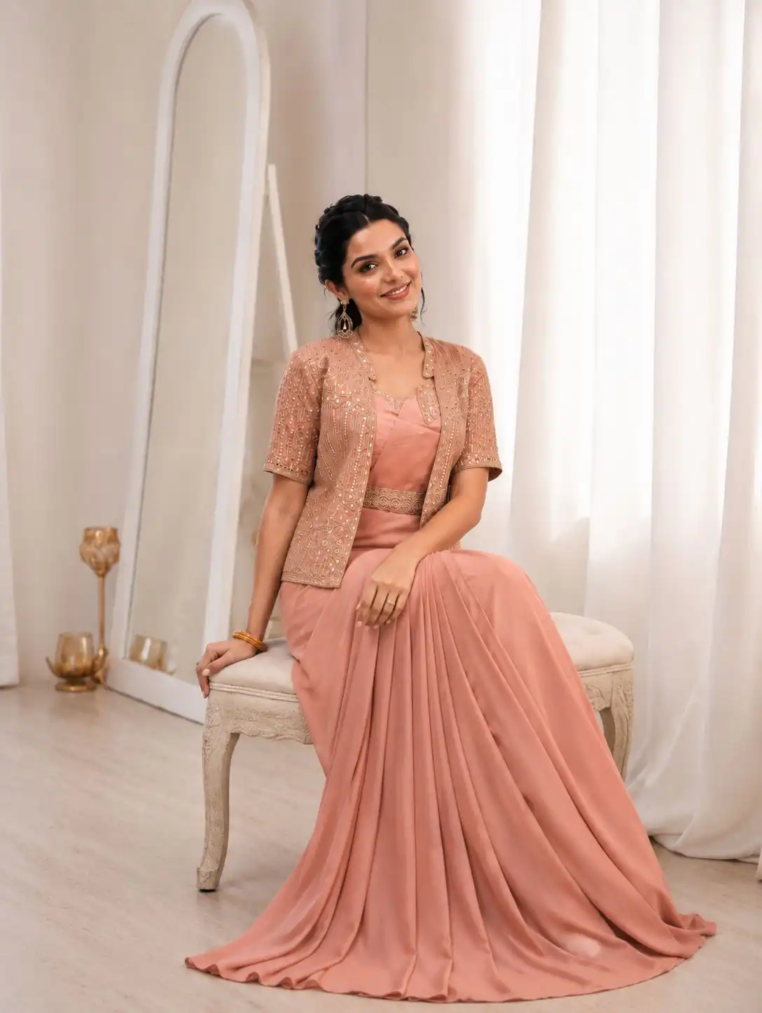 Stylist Peach Crap Silk Embroidery Work Saree - Image 2