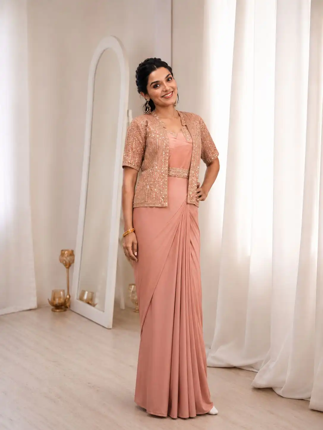 Stylist Peach Crap Silk Embroidery Work Saree