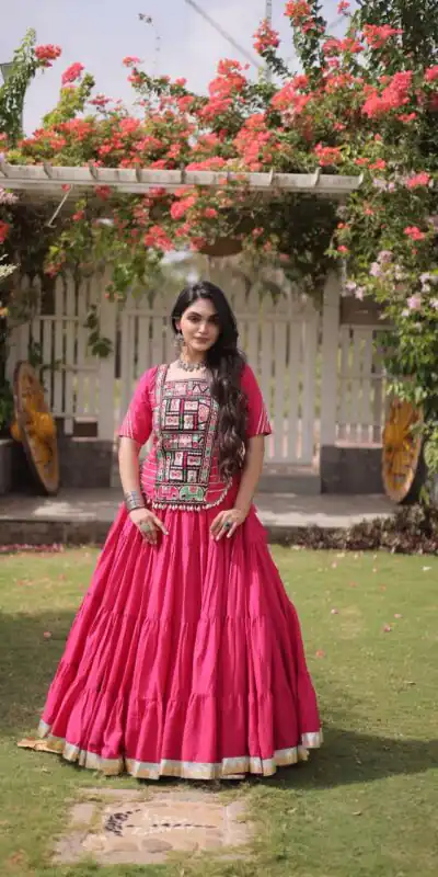Stylist Pink Kora Cotton Kutchi Patch Work Lehenga Choli
