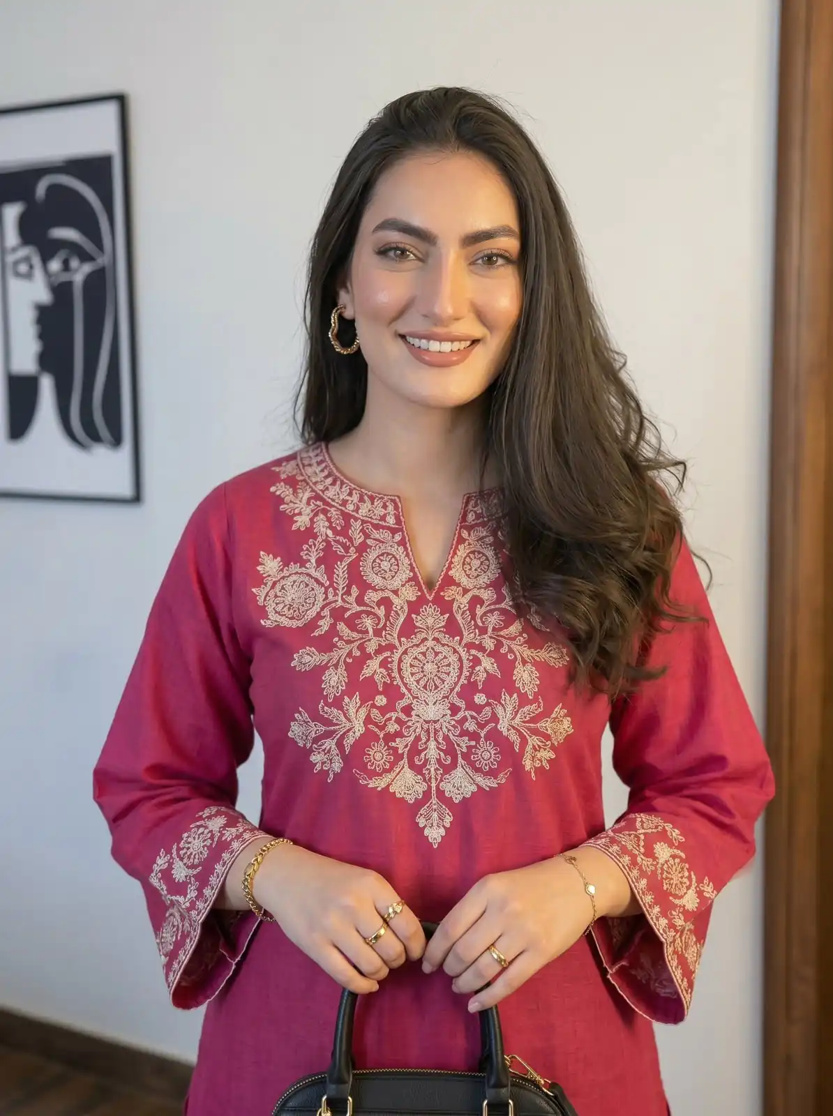 Stylist Pink Rayon Cotton Embroidery Work Kurti - Image 3