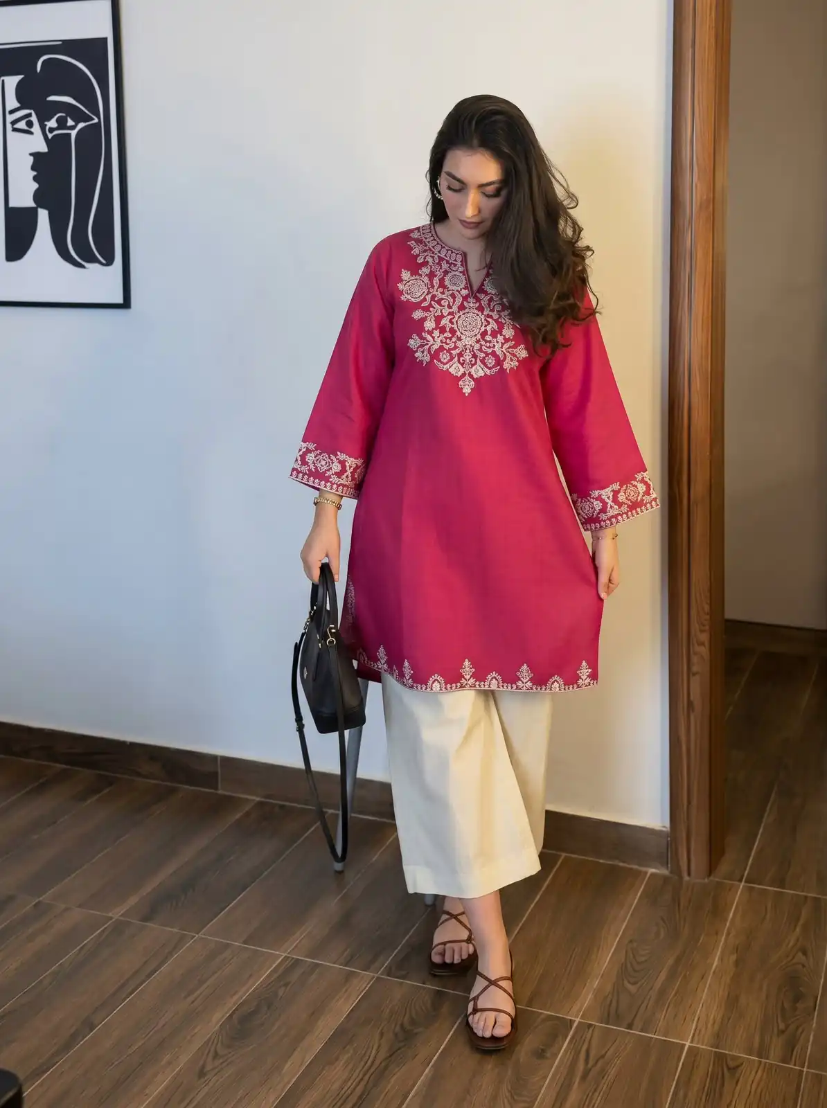 Stylist Pink Rayon Cotton Embroidery Work Kurti