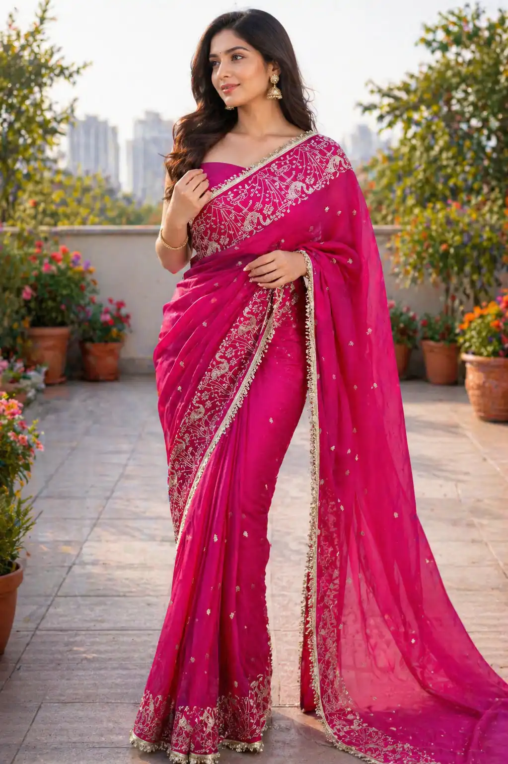 Stylist Pink Star Georgette Lace Embroidery Work Saree