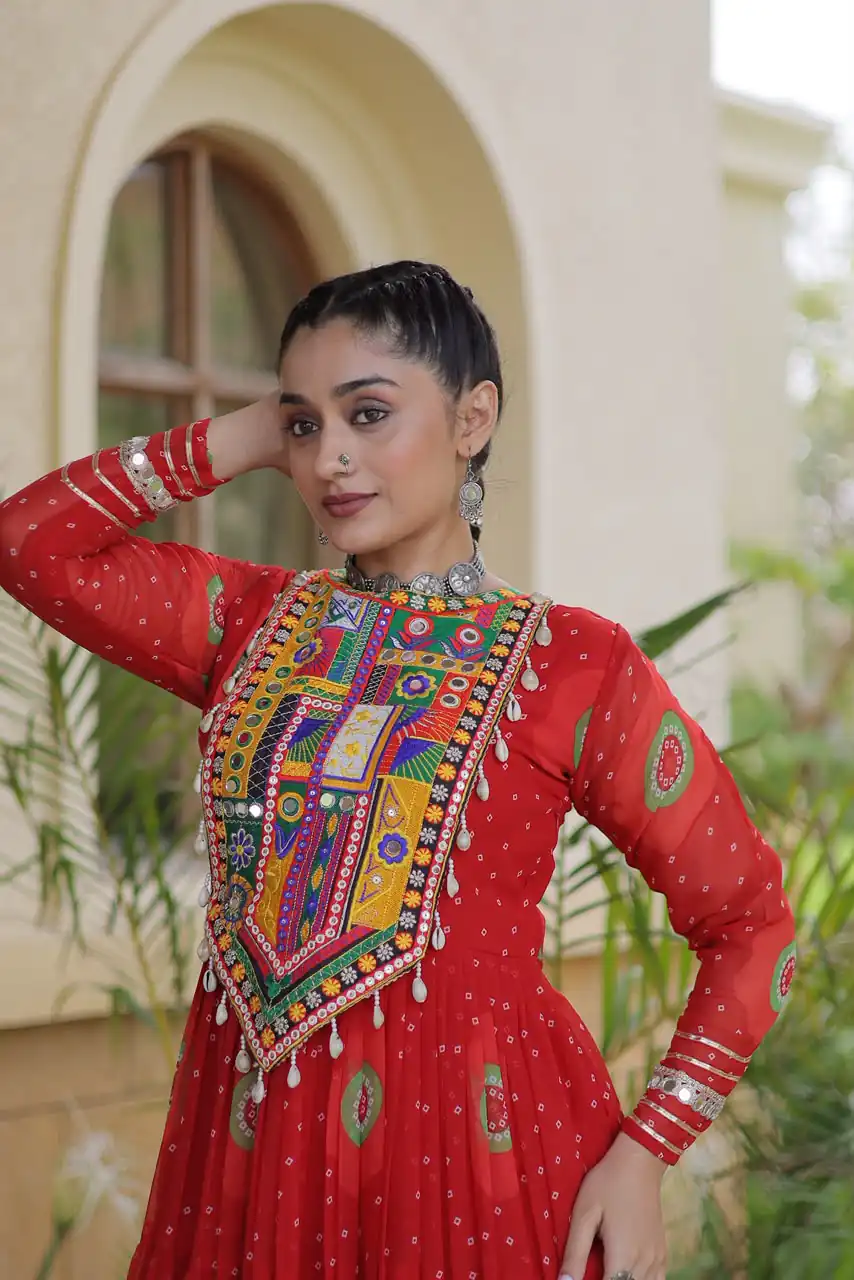 Stylist Red Faux Georgette Bandhani Print Work Gown - Image 2