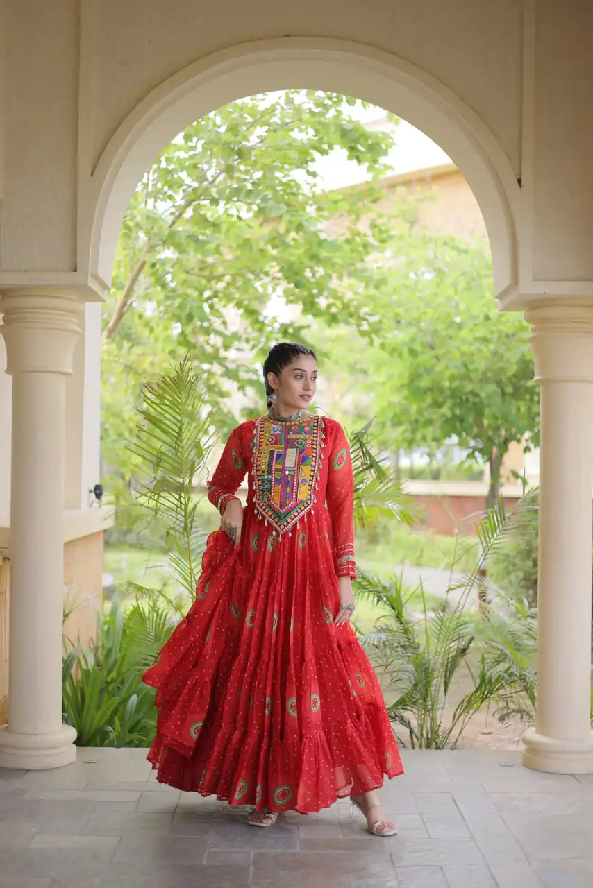 Stylist Red Faux Georgette Bandhani Print Work Gown