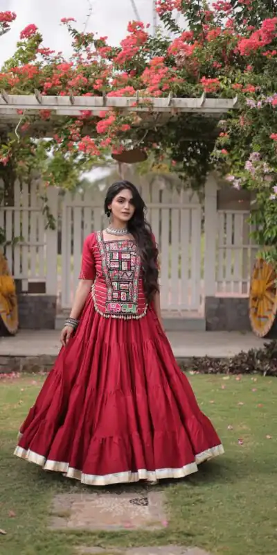 Stylist Red Kora Cotton Kutchi Patch Work Lehenga Choli