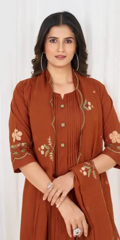 Alternative view of Stylist Rust Pure Cotton Embroidery Cut Work Salwar Suit