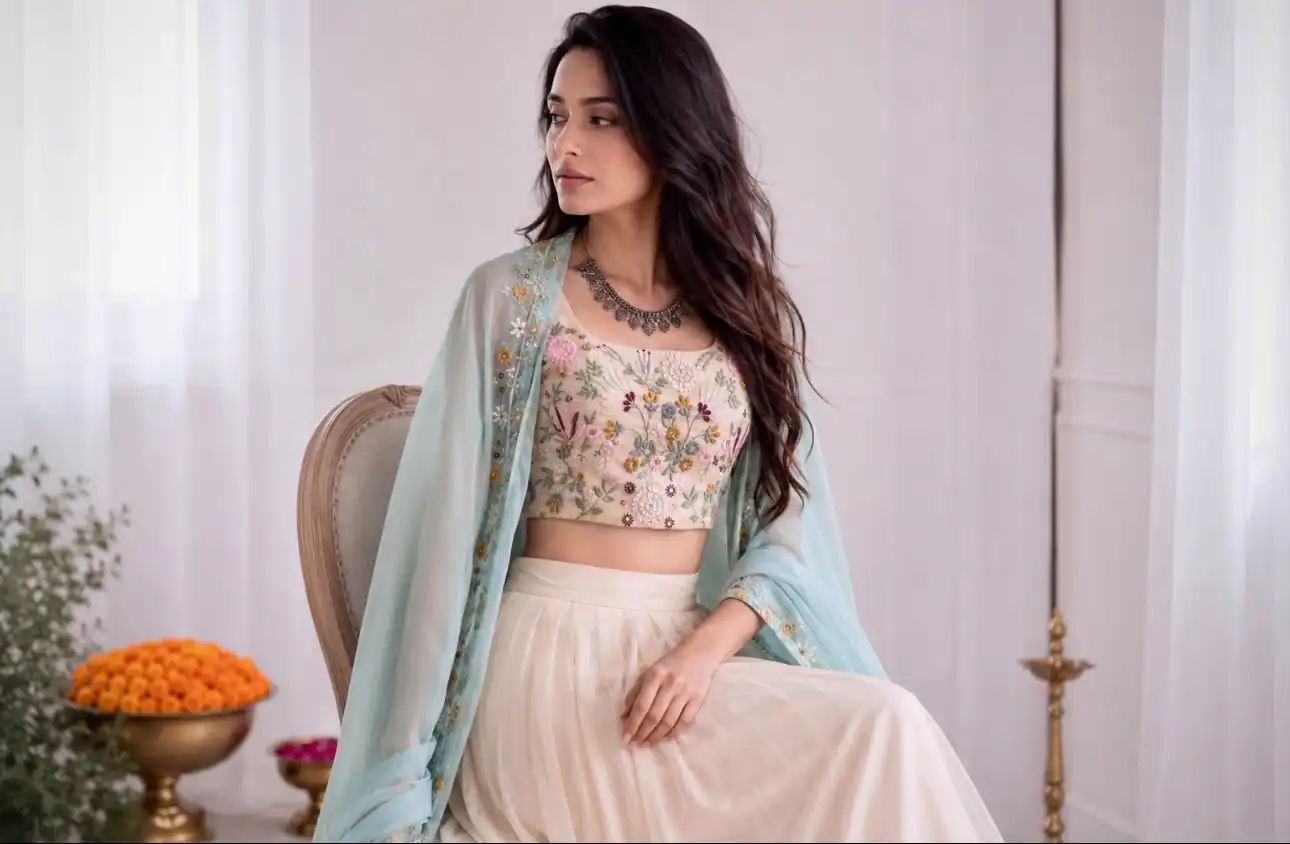 Stylist Sky Blue Banglory Silk Embroider Work Dhoti Suit - Image 3