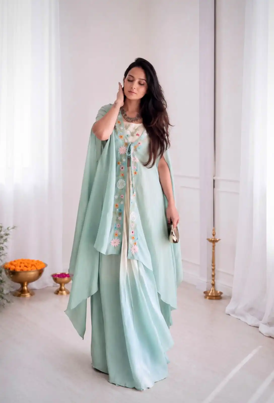 Stylist Sky Blue Banglory Silk Embroider Work Dhoti Suit - Image 2