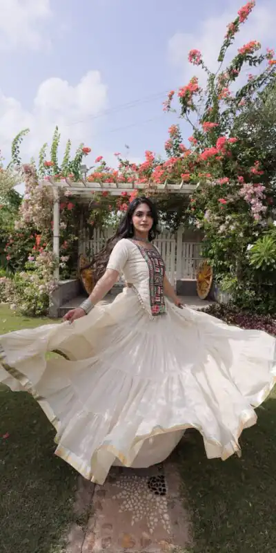 Stylist White Kora Cotton Kutchi Patch Work Lehenga Choli