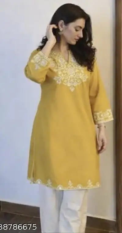 Alternative view of Stylist Yellow Rayon Cotton Embroidery Work Kurti