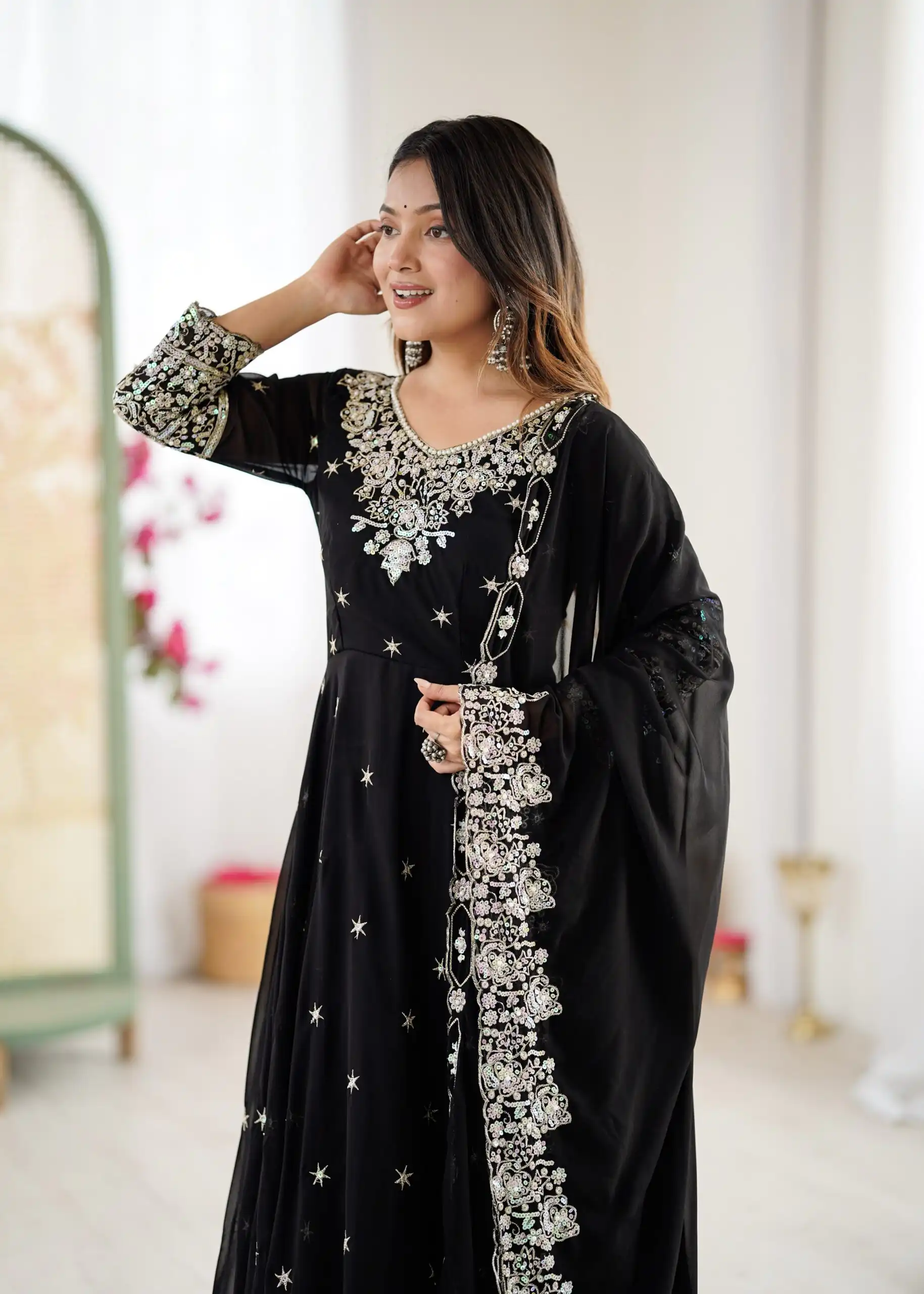Super Black Blooming Faux Embroidery Work Gown - Image 4