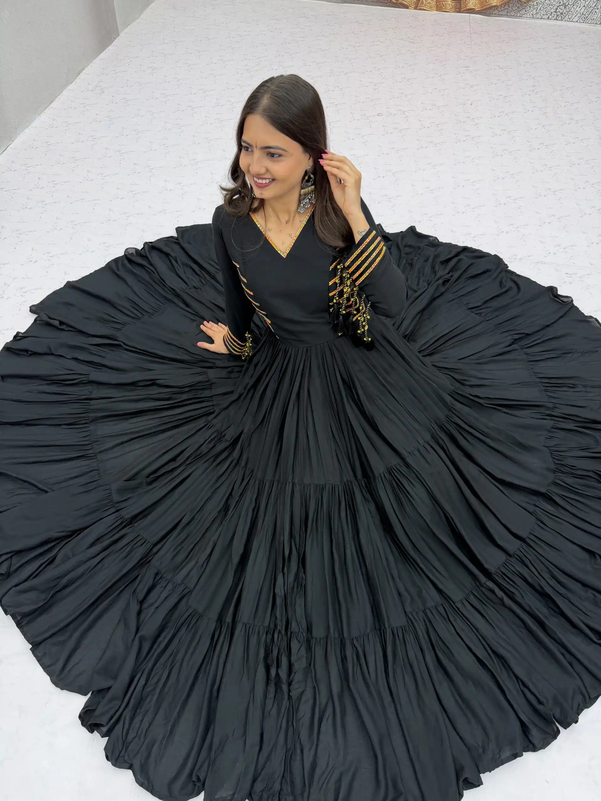 Super Black Pure Cotton Lace Work Gown - Image 11