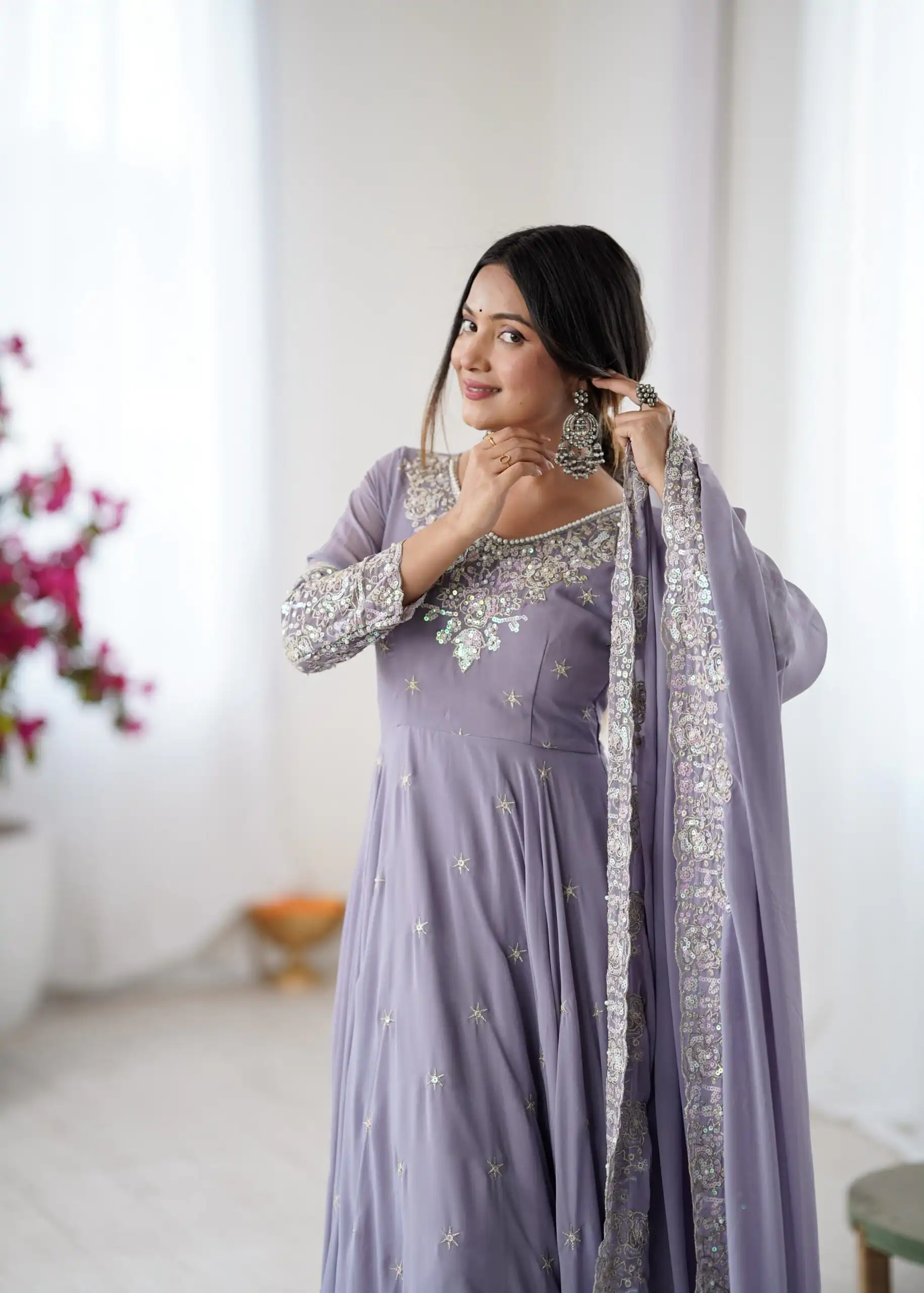 Super Lavender Blooming Faux Embroidery Work Gown - Image 3