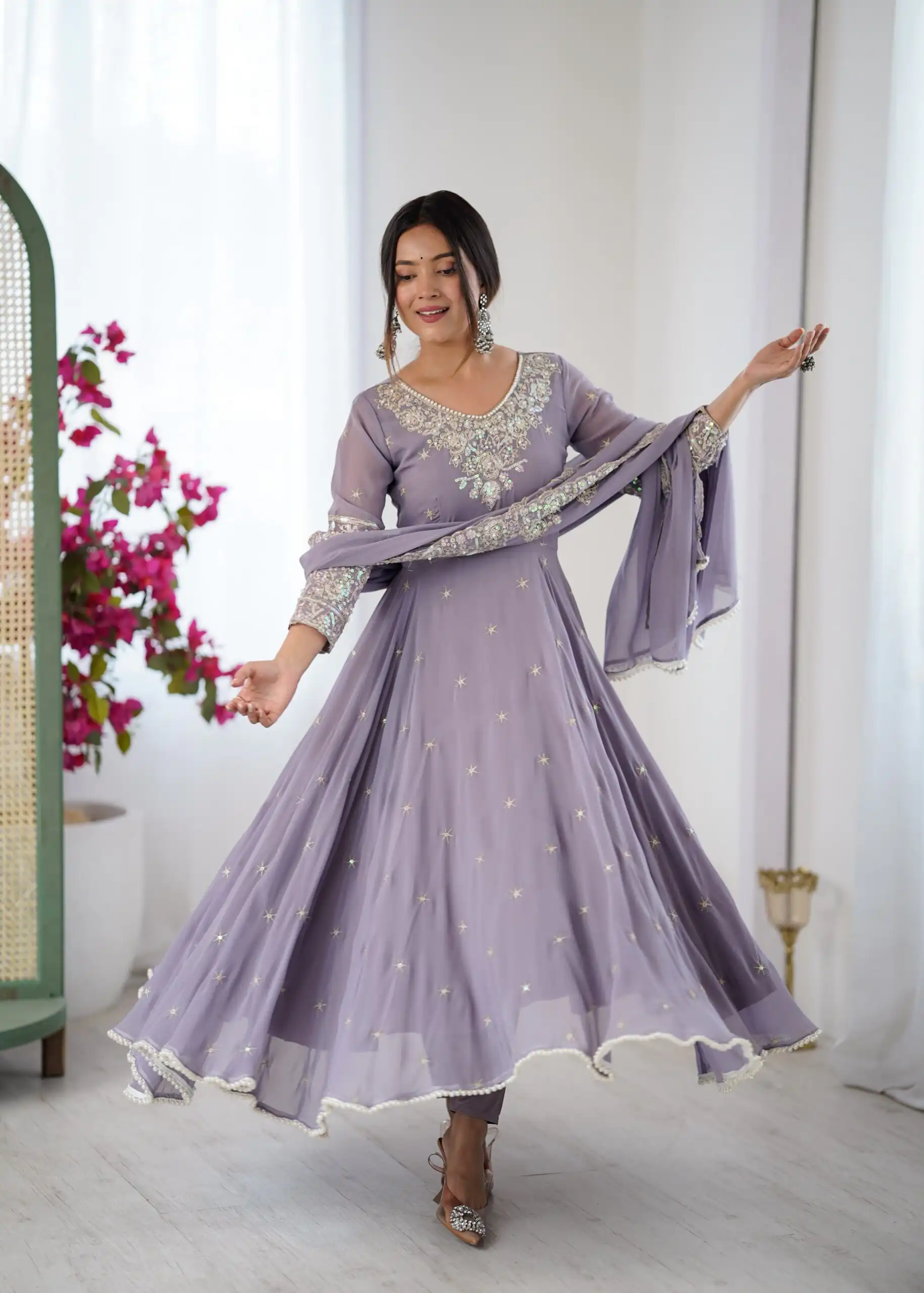 Super Lavender Blooming Faux Embroidery Work Gown