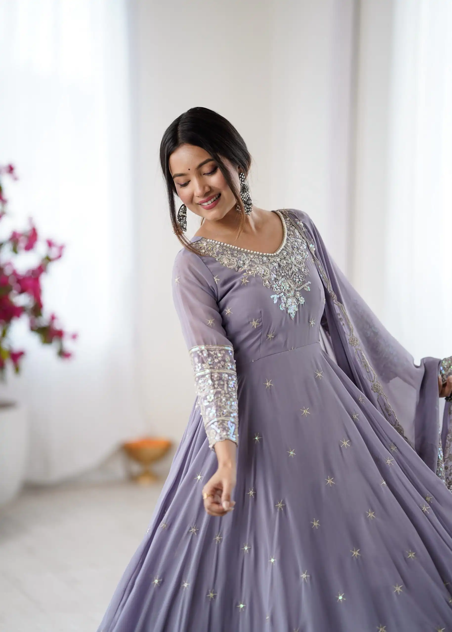 Super Lavender Blooming Faux Embroidery Work Gown - Image 4