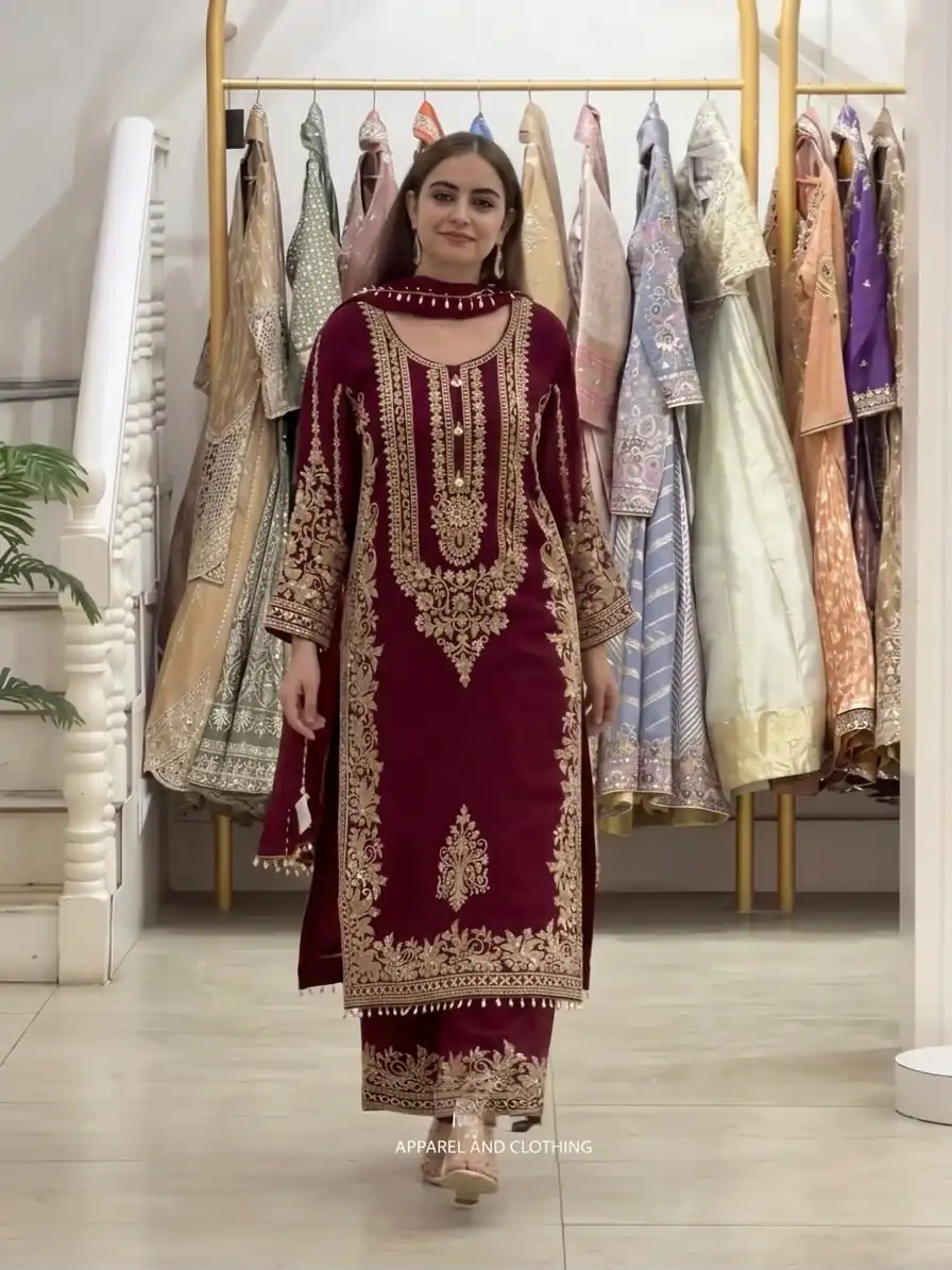 Super Maroon Faux Georgette Embroidery Work Salwar Suit - Image 4