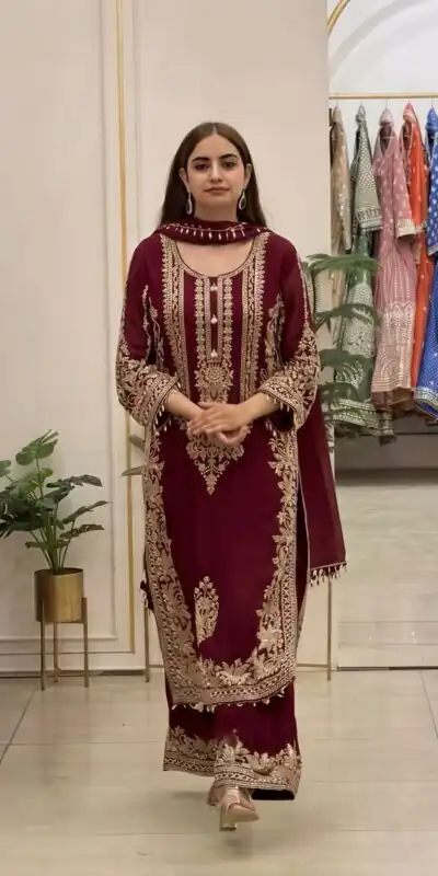 Alternative view of Super Maroon Faux Georgette Embroidery Work Salwar Suit
