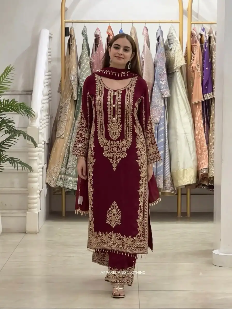 Super Maroon Faux Georgette Embroidery Work Salwar Suit