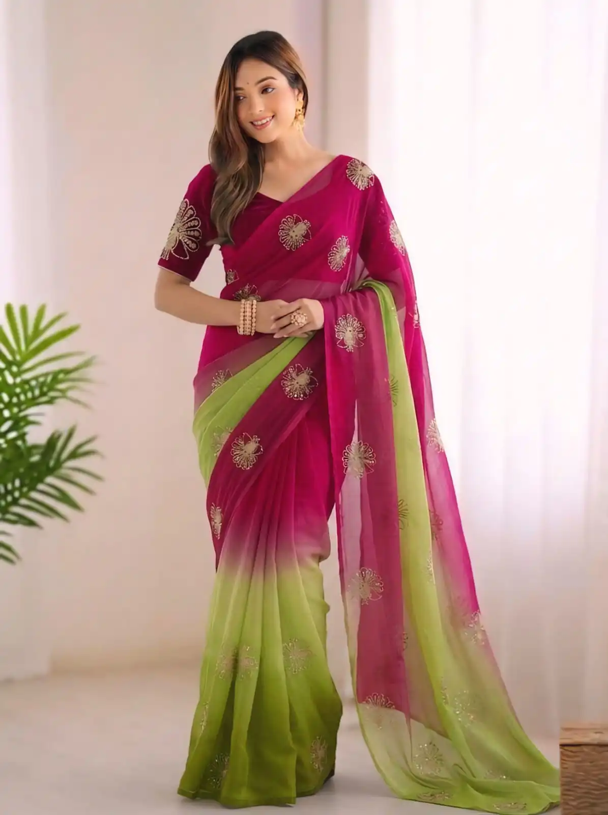 Super Pink Fendy Silk Embroidery Work Saree