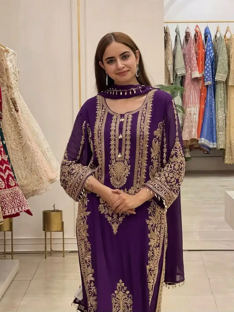 Super Purple Faux Georgette Embroidery Work Salwar Suit - Image 3
