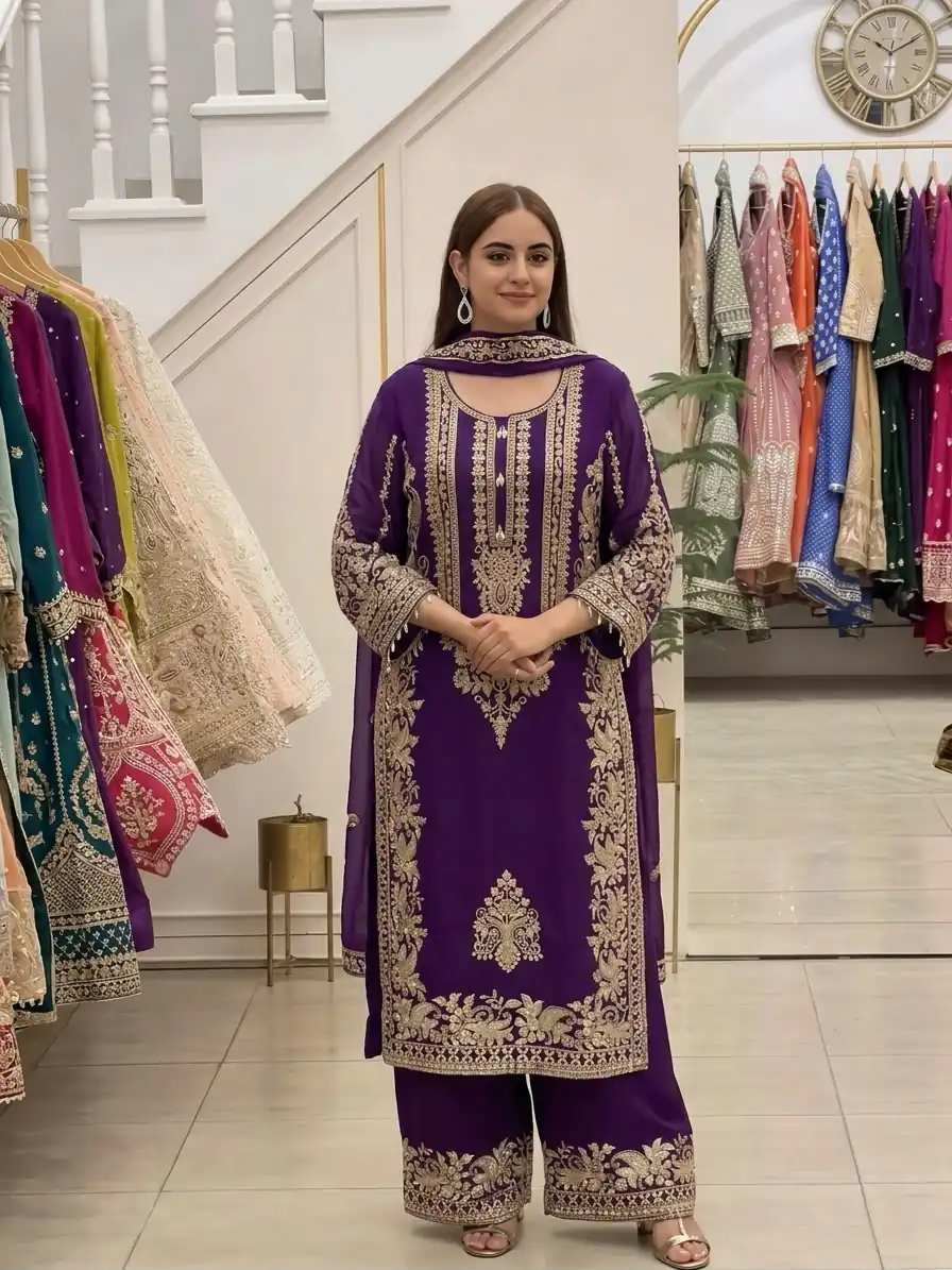 Super Purple Faux Georgette Embroidery Work Salwar Suit - Image 2