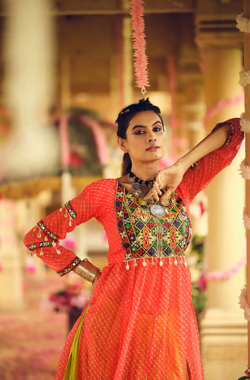 Super Red Plain Rayon Embroider Cowrie Work Lehenga Choli - Image 4