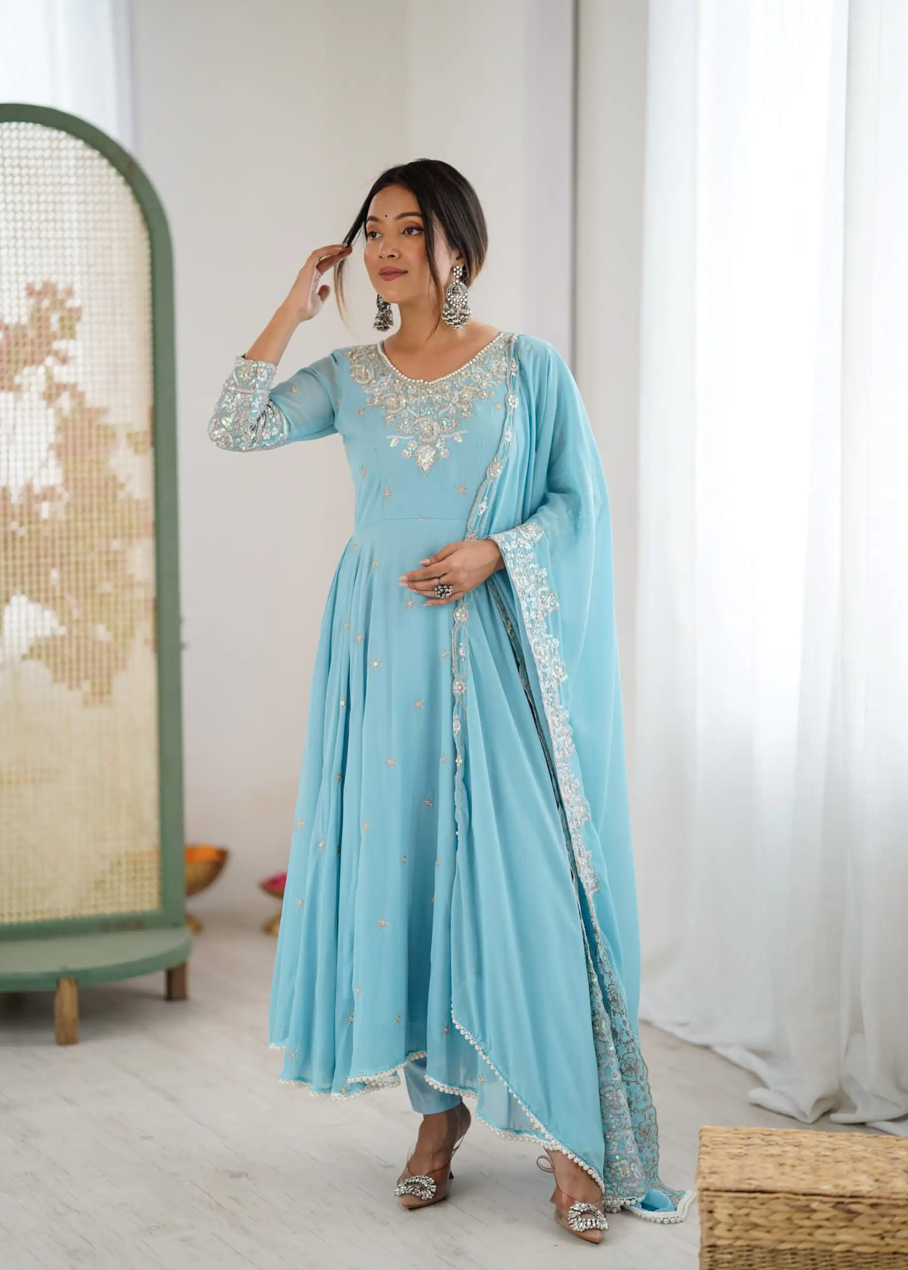 Super Sky Blue Blooming Faux Embroidery Work Gown - Image 3