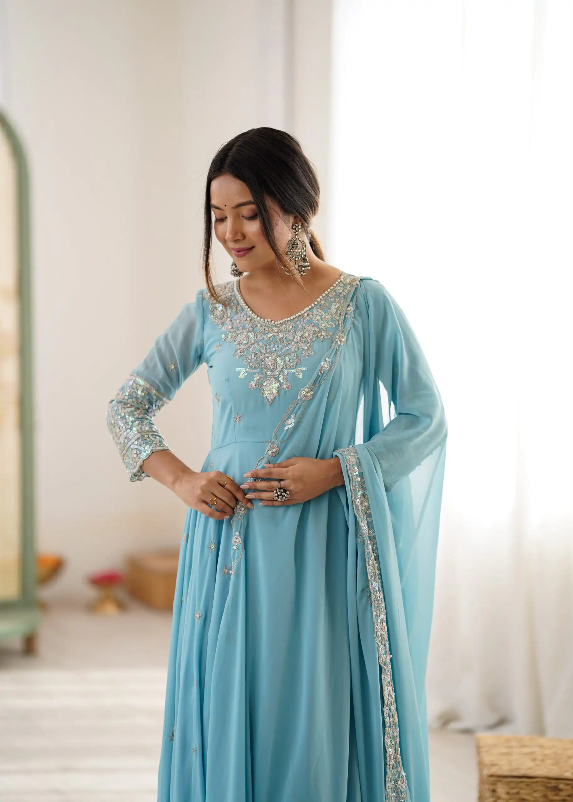 Super Sky Blue Blooming Faux Embroidery Work Gown