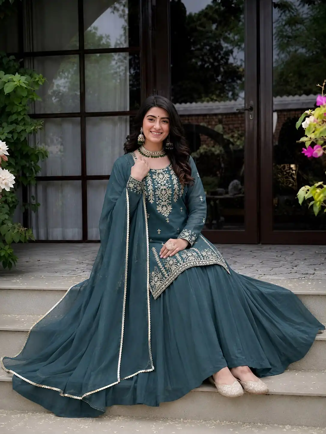 Super Teal Roman Cotton Embroidery Work Lehenga Choli - Image 5