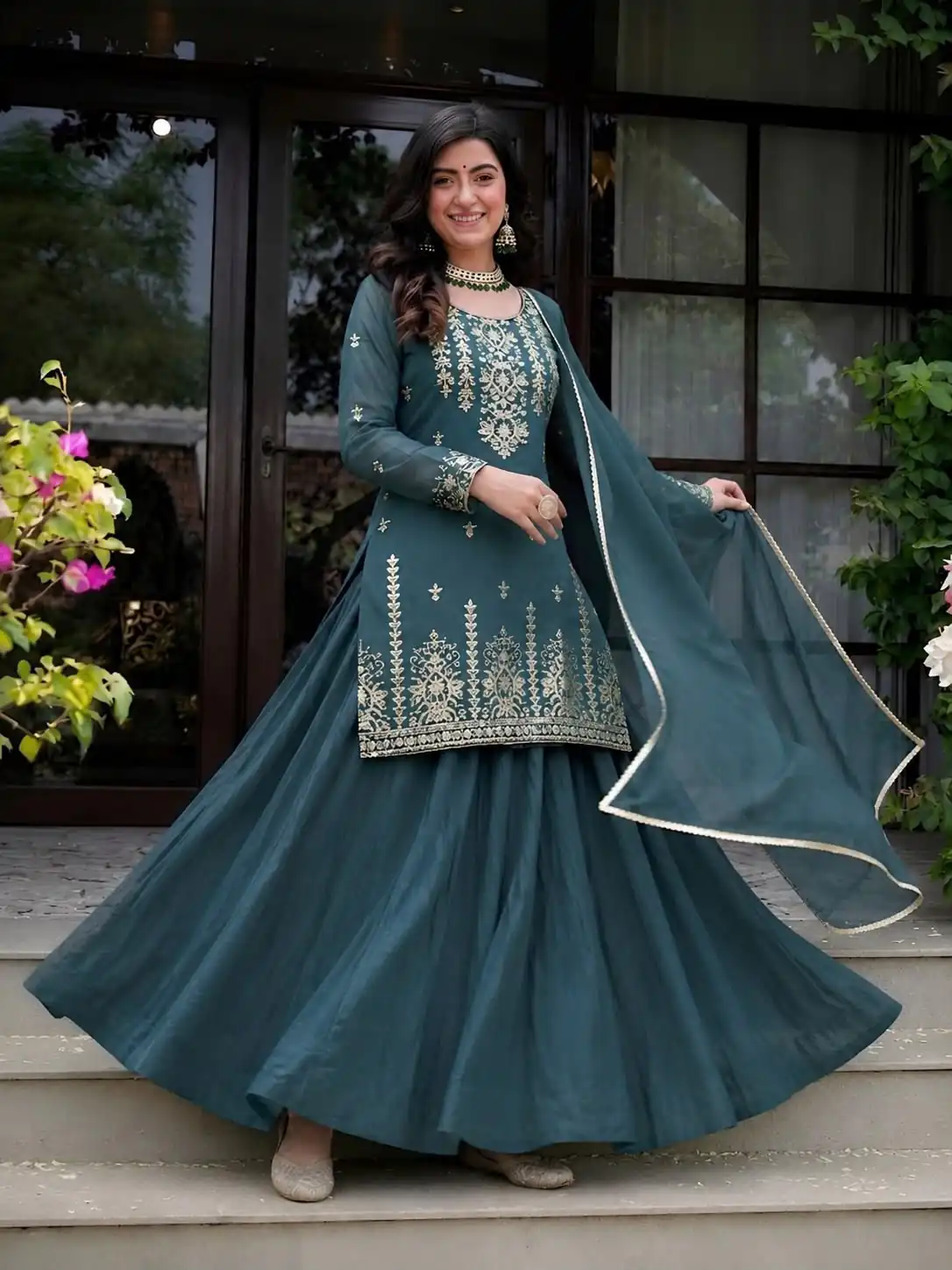Super Teal Roman Cotton Embroidery Work Lehenga Choli - Image 4