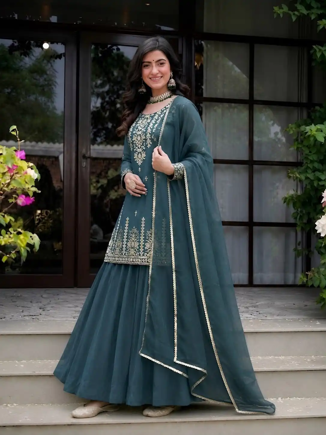 Super Teal Roman Cotton Embroidery Work Lehenga Choli - Image 3