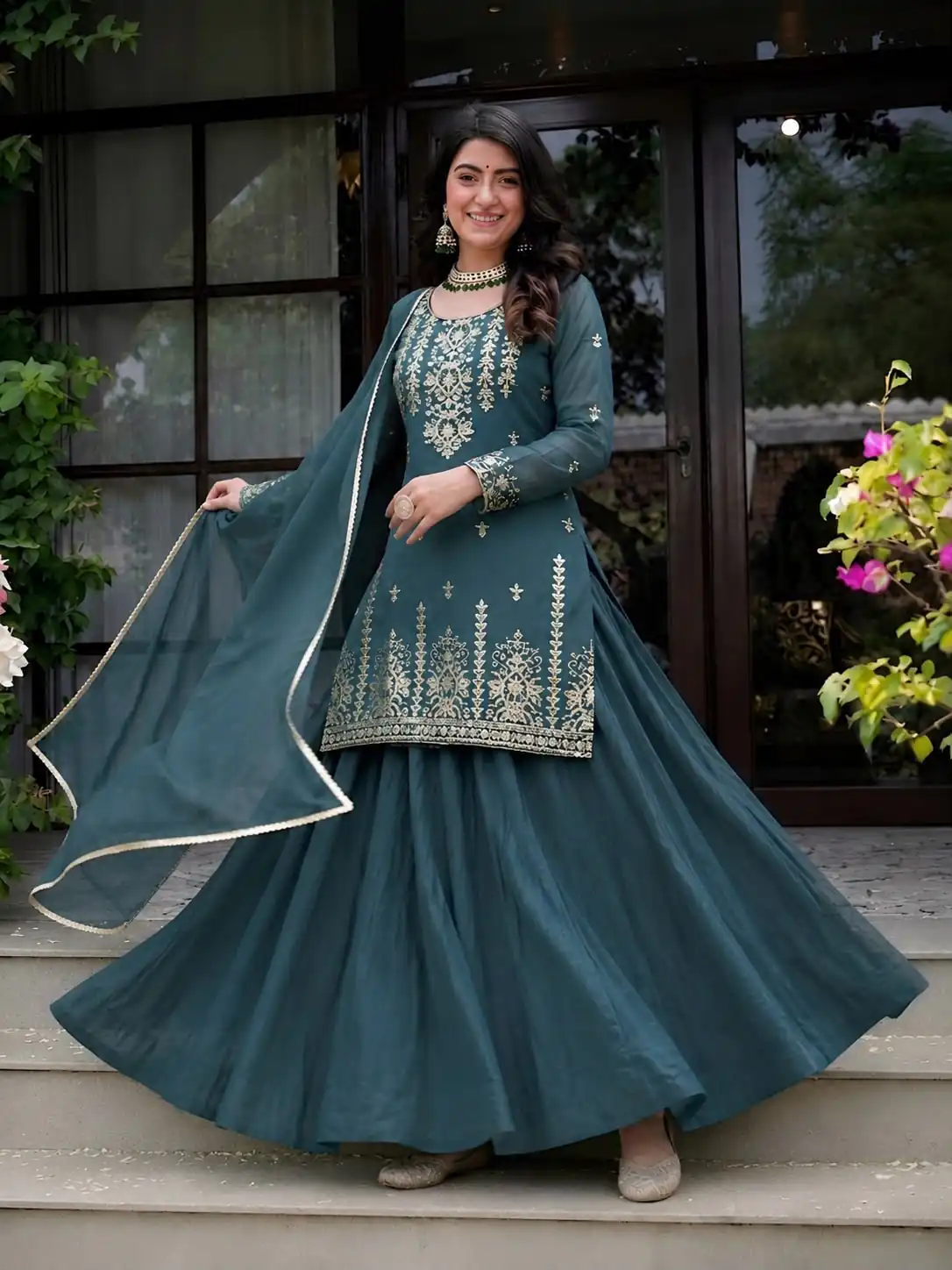 Super Teal Roman Cotton Embroidery Work Lehenga Choli - Image 2