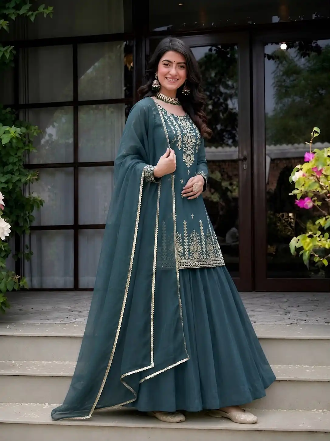 Super Teal Roman Cotton Embroidery Work Lehenga Choli
