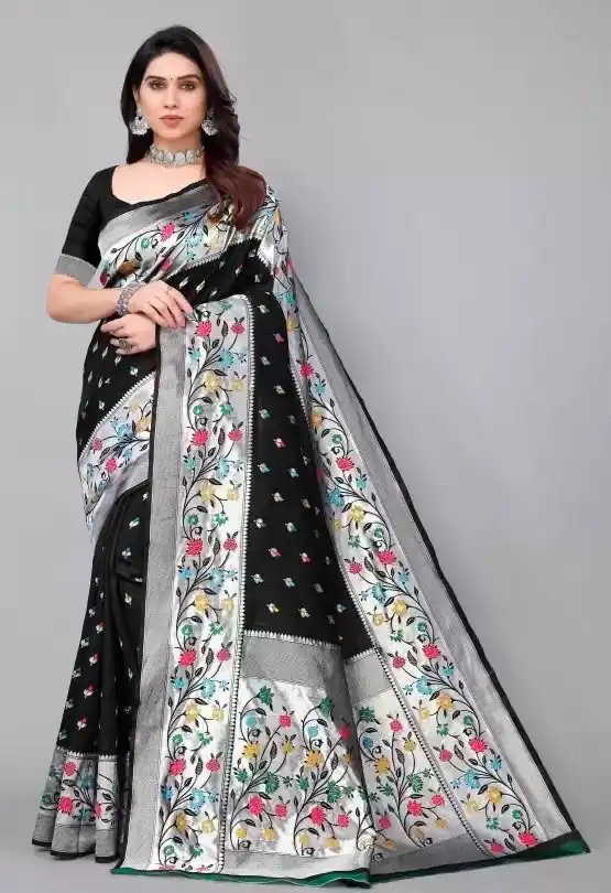 Superb Black Lichi Silk Lace Border Work Saree