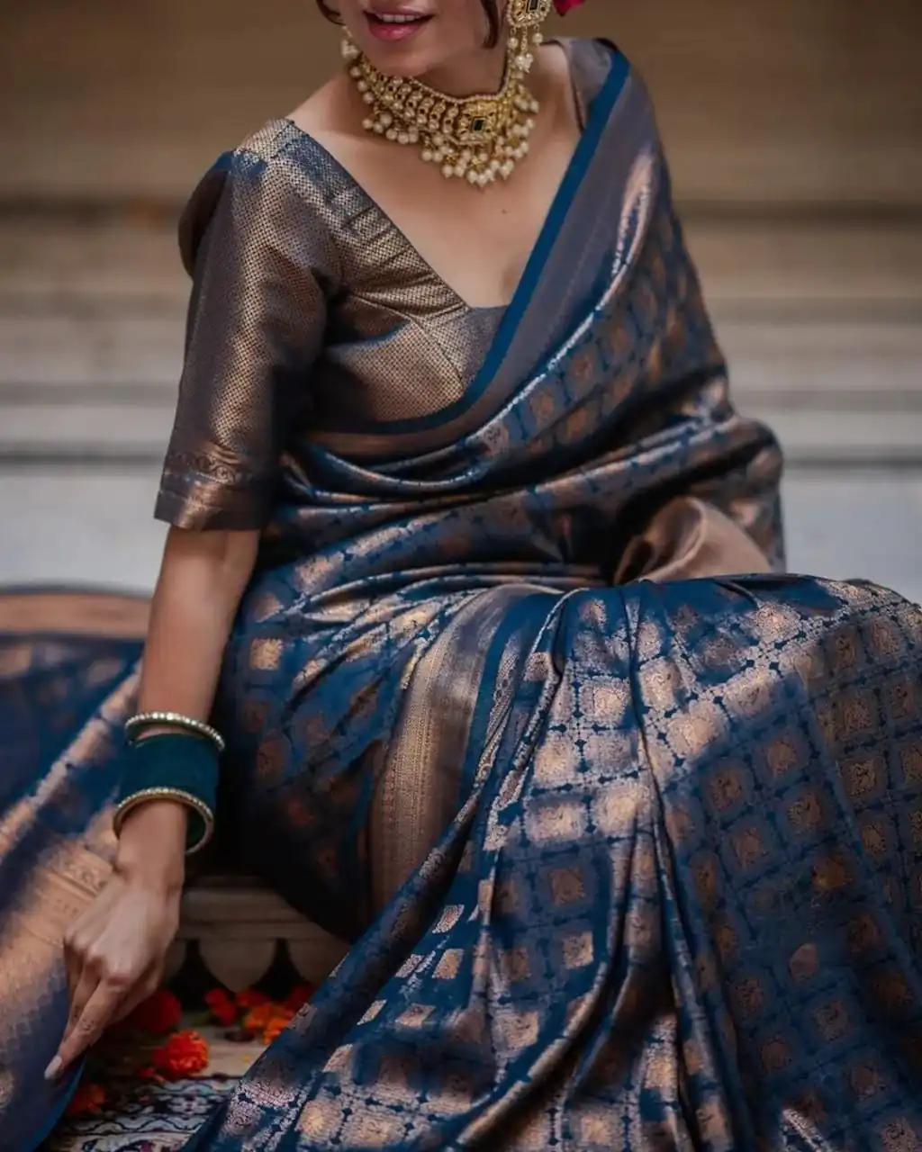 Superb Blue Lichi Silk Jacquard Border Work Saree - Image 2