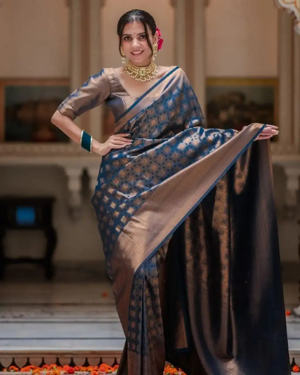 Superb Blue Lichi Silk Jacquard Border Work Saree